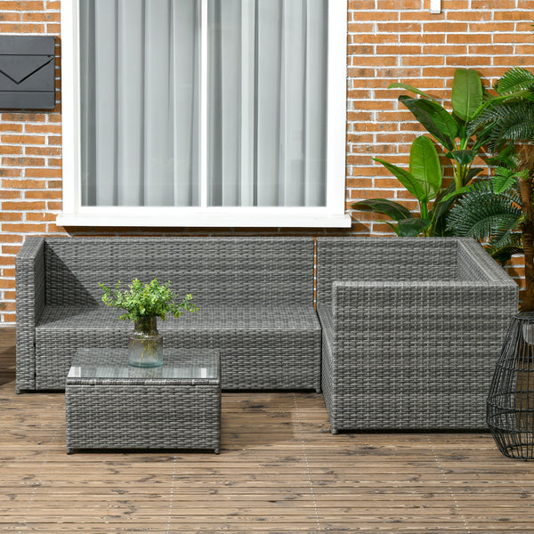 3-piece woven rattan garden furniture set with loveseat, coffee table and cushions, grey