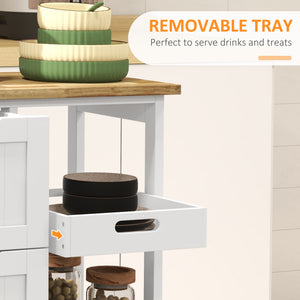 Kitchen trolley on castors with wooden top, 3 drawers and shelves, white