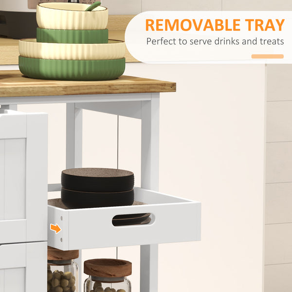 Kitchen trolley on castors with wooden top, 3 drawers and shelves, white