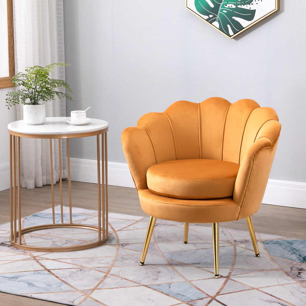 Lotus accent chair in velvet fabric with gold metal legs, yellow