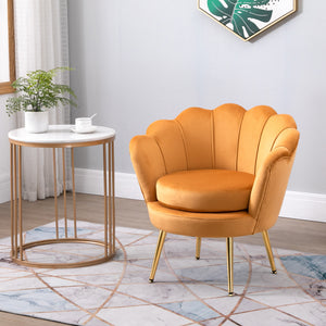 Lotus accent chair in velvet fabric with gold metal legs, yellow
