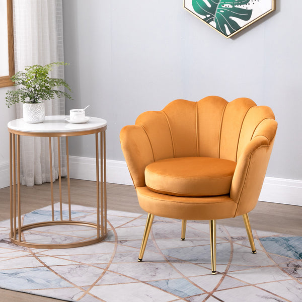 Lotus accent chair in velvet fabric with gold metal legs, yellow