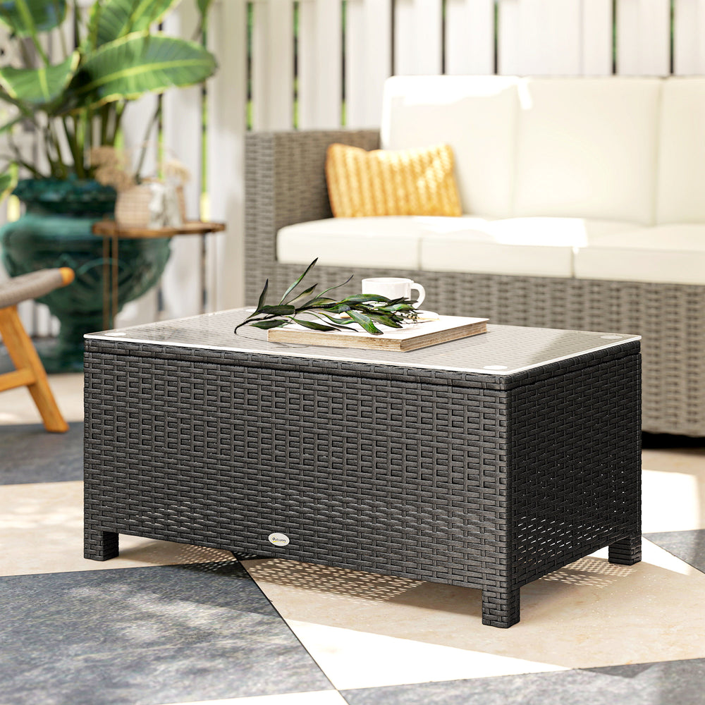 Outdoor coffee table in PE woven resin with glass top, dark grey