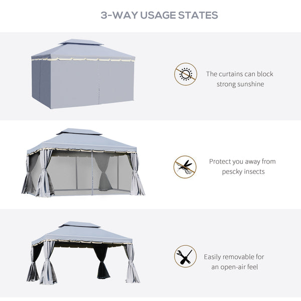 10 x 13 gazebo with two-tier polyester roof, breathable mesh side panels and sturdy aluminum frame, grey