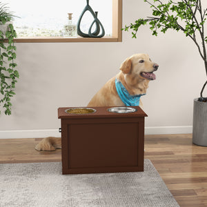 Raised dog bowls with storage, brown