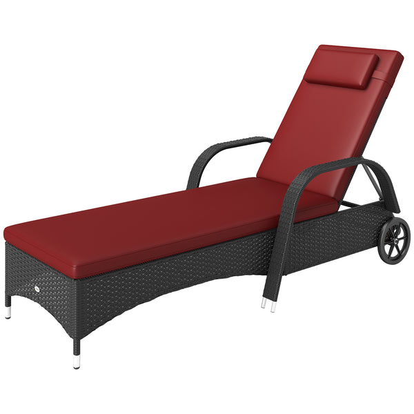 Chaise longue with headrest, 5-level adjustable, backrest, casters, deep coffee and wine red