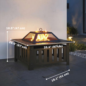 Outdoor Fire Pit with Poker, Square Steel Wood Burning Fire Pit with Mesh Cover, Fireplaces, Black