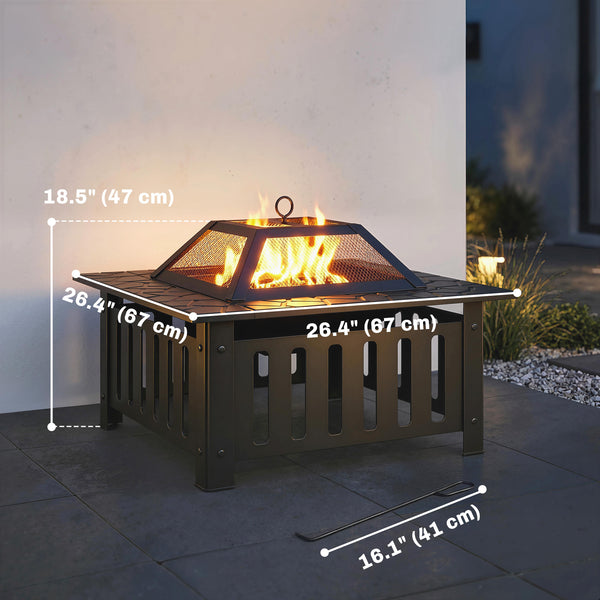 Outdoor Fire Pit with Poker, Square Steel Wood Burning Fire Pit with Mesh Cover, Fireplaces, Black