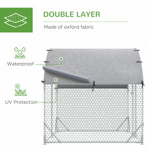 Galvanized metal chicken coop with outdoor run, silver