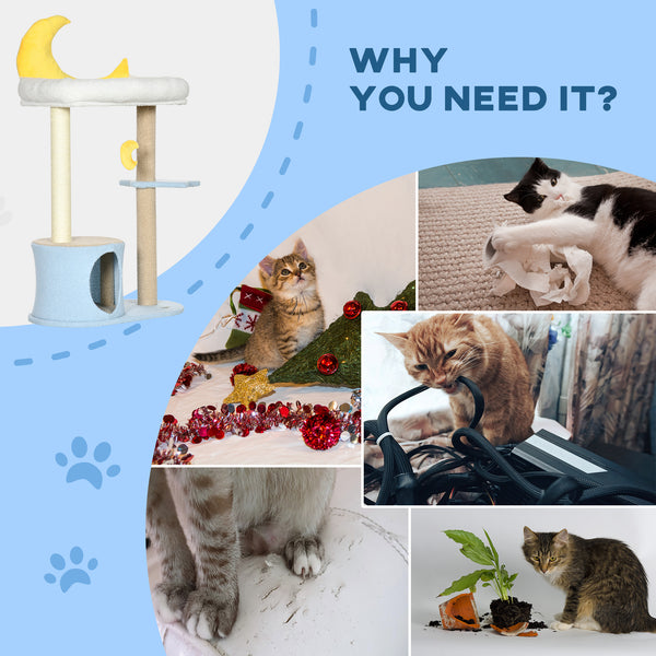 Cat tree with Teddy fleece bed, scratching post, hanging toy, star platform