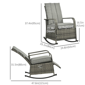 Outdoor Wicker Rocking Chair with Cushion, Patio PE Rattan Recliner Chair with Adjustable Footrest, Armrests, Mixed Grey