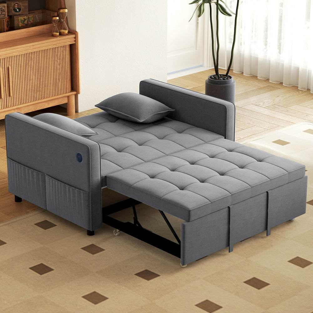 3-in-1 Convertible Sofa Bed with USB Port, Adjustable Backrest and Side Pockets, Grey