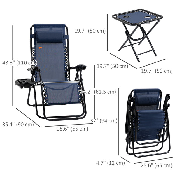 Zero Gravity Patio Chair Set of 2 with Side Table, Cup Holders and Cushions for Pool, Garden, Lawn, Beach, Blue