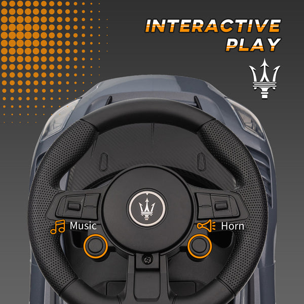 Maserati GT2 toddler car with storage, music, horn, gray