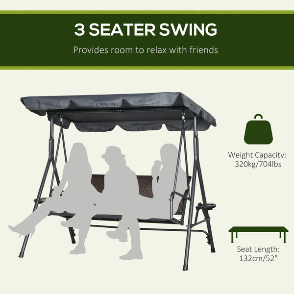 3-Seat Patio Swing Chair, Outdoor Canopy Swing Glider with Adjustable Shade, Rattan Seat and Steel Frame, for Porch, Garden, Poolside, Dark Grey