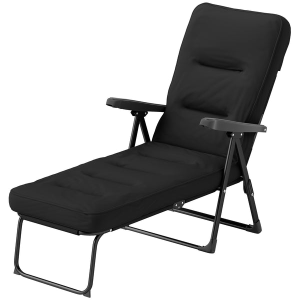 Folding lounge chair with cushion, adjustable backrest with footrest, black