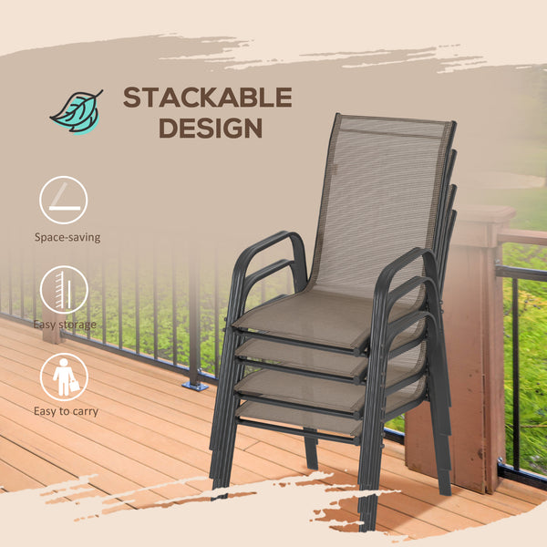 Set of 4 Outdoor Dining Chairs, Sturdy Stackable Patio Chairs with Armrests for Balcony and Garden, Grey