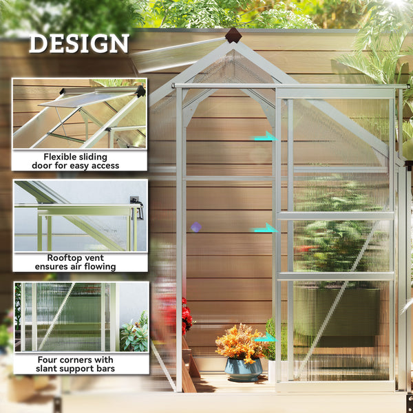 6' x 4' x 6.6' Polycarbonate Greenhouse, Galvanized Aluminum Sheet Frame with Gutter, Ventilation and Sliding Door, Silver