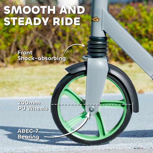 Height-adjustable scooter, rear brake, large 20 cm wheel, foldable, green