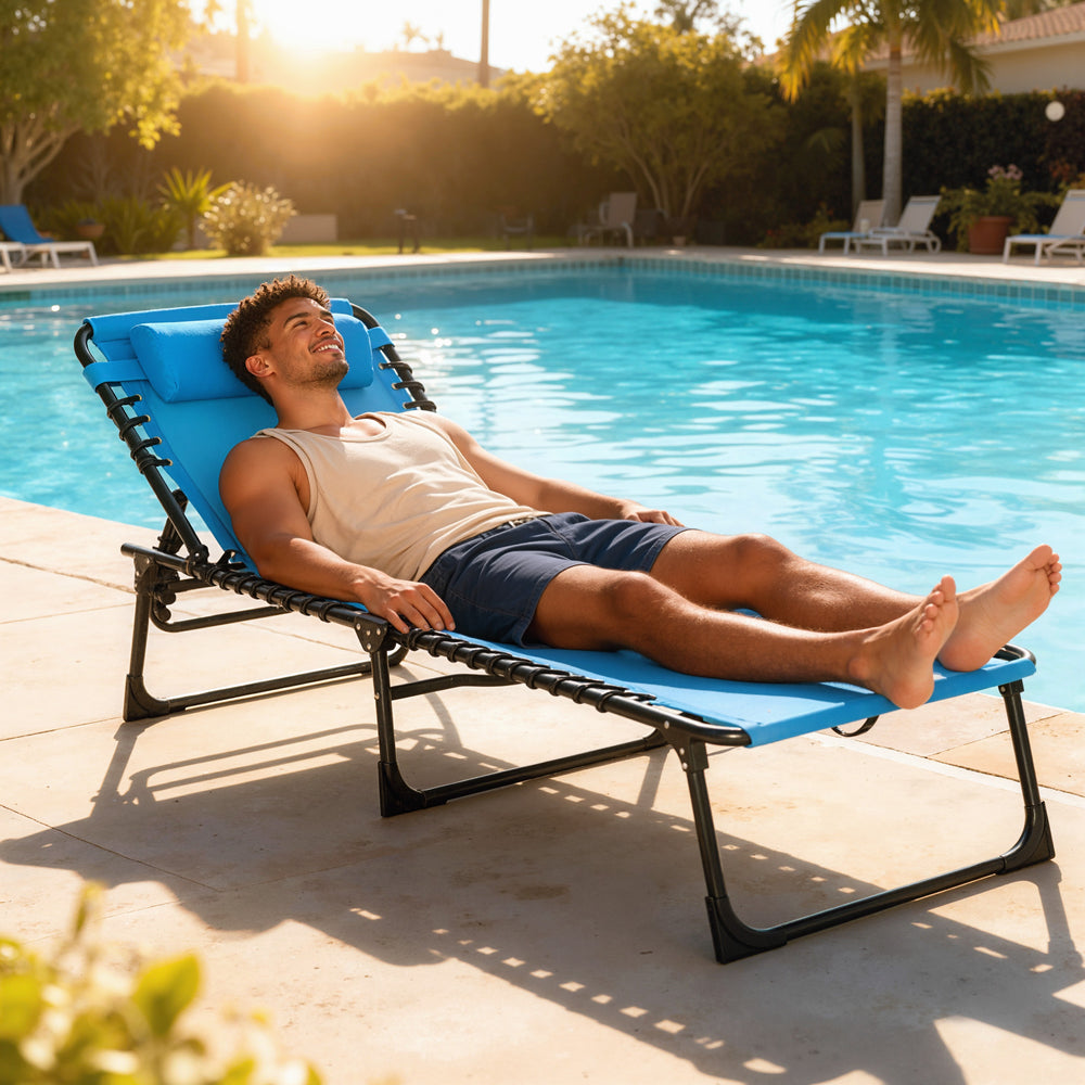 Folding Outdoor Lounge Chair, 4-Position Adjustable with Headrest, Sky Blue