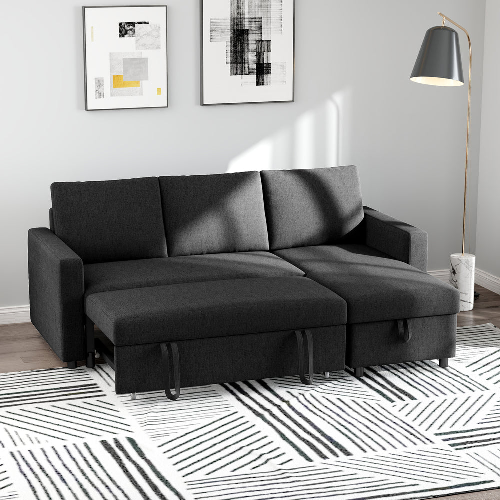 3-seater convertible sectional sofa with pull-out bed, reversible chaise longue and storage – Black