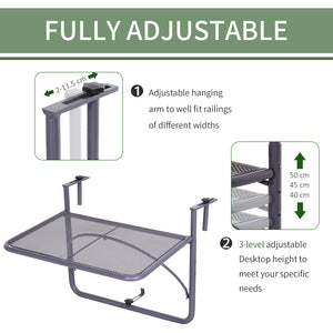 Adjustable metal balcony table, for outdoor balconies, gray