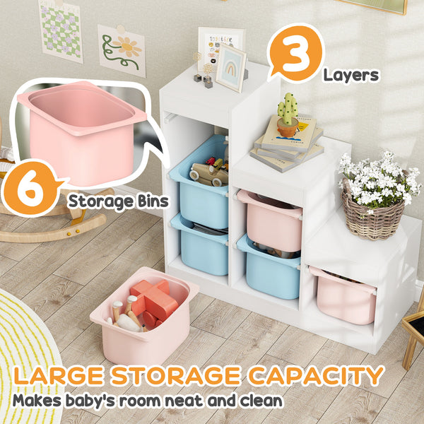 3-Tier Storage Shelf with 6 Plastic Bins, Blue and Pink