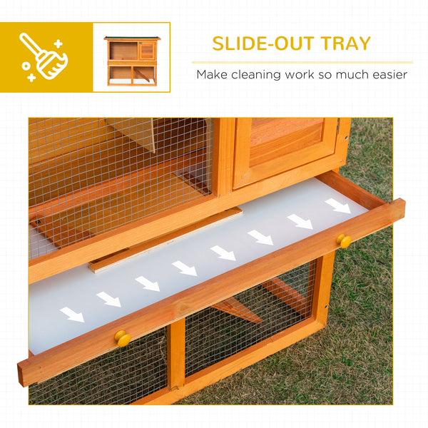 Wooden rabbit hutch with run, pull-out tray, and waterproof roof