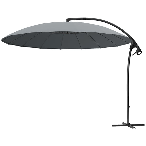 2.7m Cantilever Umbrella with 16 Fiberglass Ribs, Offset Hanging Umbrella, Patio Umbrella with Crank and Cross Base, Grey