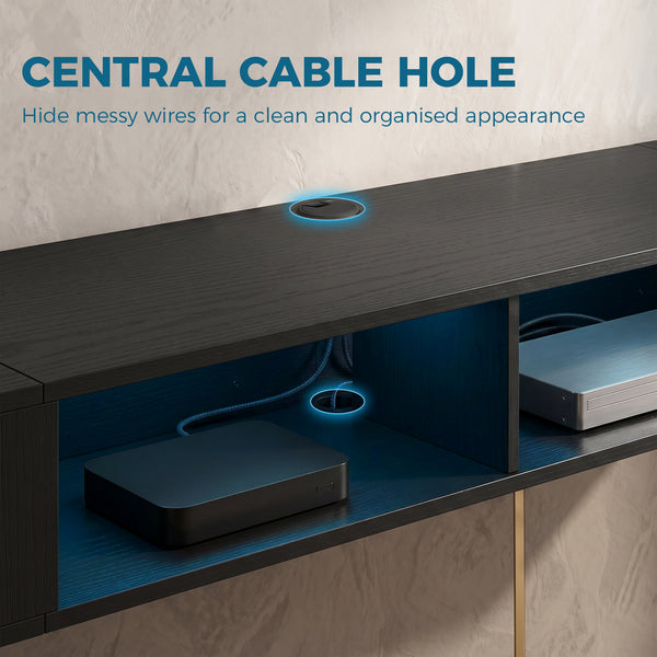70" Floating Wall-Mounted TV Stand with RGB LED Lighting and 4 Compartments – Black Wood Effect