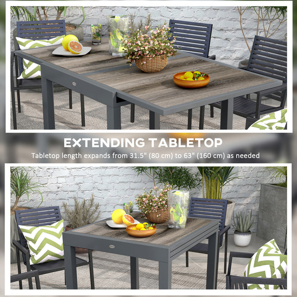 Extendable Dining Table, Rectangular Patio Outdoor Table with Aluminum Frame and Plastic Board Tabletop for Lawn, Grey