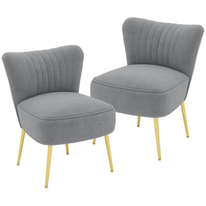 Set of 2 velvet armchairs with gold steel legs and tufted backrest, grey