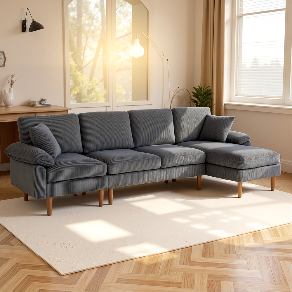 Corner sofa with modular chaise longue, cushions and wooden legs for living room, dark grey