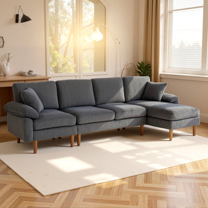 Corner sofa with modular chaise longue, cushions and wooden legs for living room, dark grey