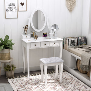 Wooden dressing table with 360° rotating mirror, 5 drawers and padded stool, white