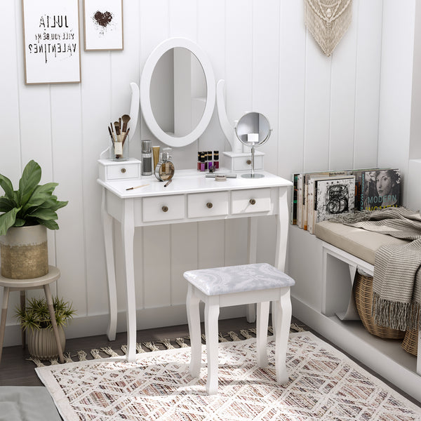 Wooden dressing table with 360° rotating mirror, 5 drawers and padded stool, white