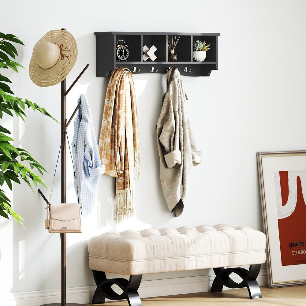 Wall-mounted coat rack with shelf, black
