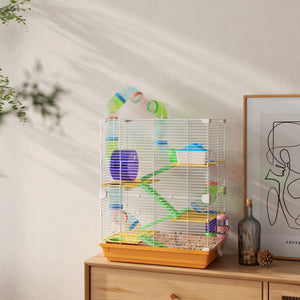 5-Level Portable Hamster Cage with Exercise Wheels, Play Tube, Water Bottle, Bowl, Ladder for Gerbils, Orange