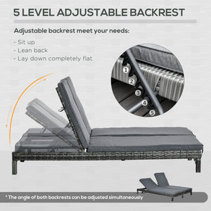 Double wicker chaise longue with adjustable backrest and cushions, black and grey