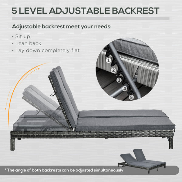 Double wicker chaise longue with adjustable backrest and cushions, black and grey