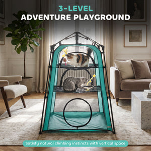 3-tier portable pet tent, indoor/outdoor use, multiple doors, carry bag, and breathable mesh.