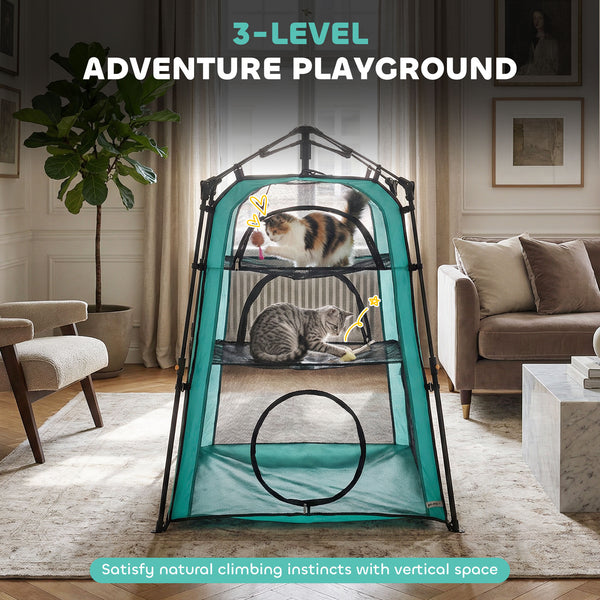 3-tier portable pet tent, indoor/outdoor use, multiple doors, carry bag, and breathable mesh.