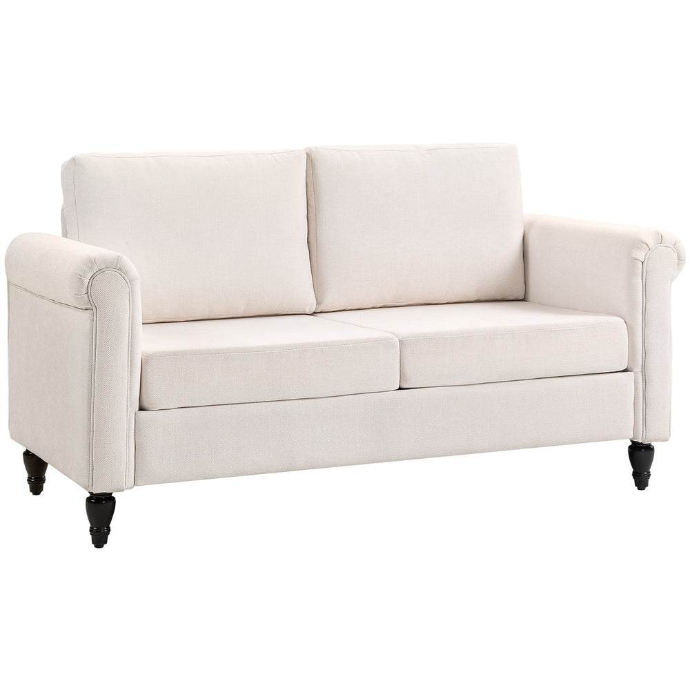 Vintage 2-seater upholstered sofa with rubberwood legs, cream white