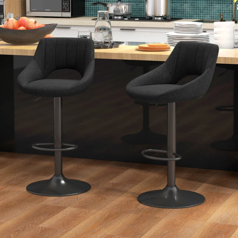 Set of 2 swivel bar stools upholstered in linen, black