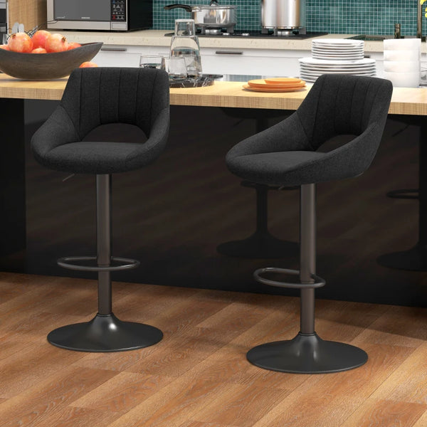 Set of 2 swivel bar stools upholstered in linen, black