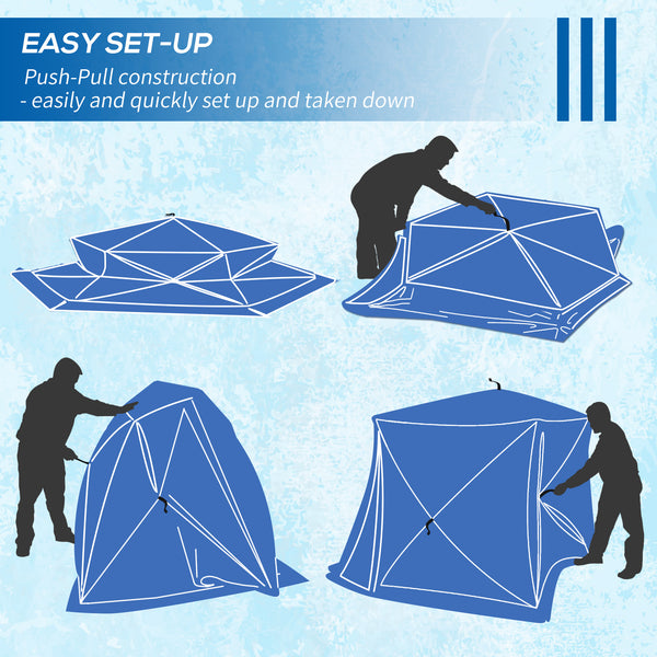 Insulated ice fishing shelter for 4 people, portable and foldable with carry bag and two doors, for temperatures down to -30°C, black