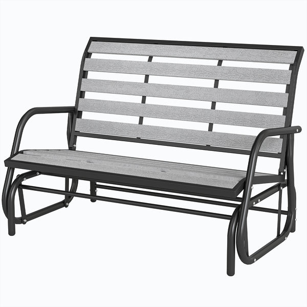Banc à bascule d'extérieur  pour 2 personnes avec assise et dossier à lattes imitation bois, structure en acier, gris