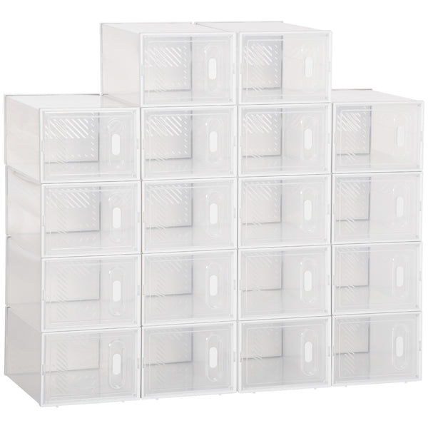 Set of 18 clear plastic shoe storage boxes with front opening