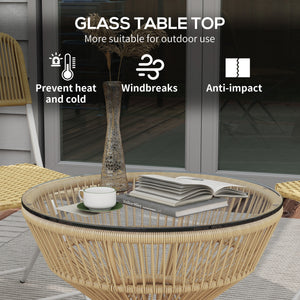 Rattan Outdoor Coffee Table, Patio End Table with Tempered Glass Tabletop & Steel Frame, Wicker Furniture, Nature Wood