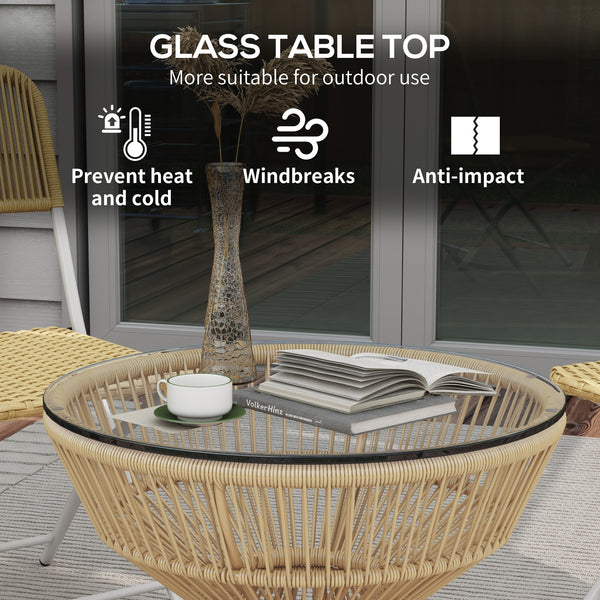 Rattan Outdoor Coffee Table, Patio End Table with Tempered Glass Tabletop & Steel Frame, Wicker Furniture, Nature Wood